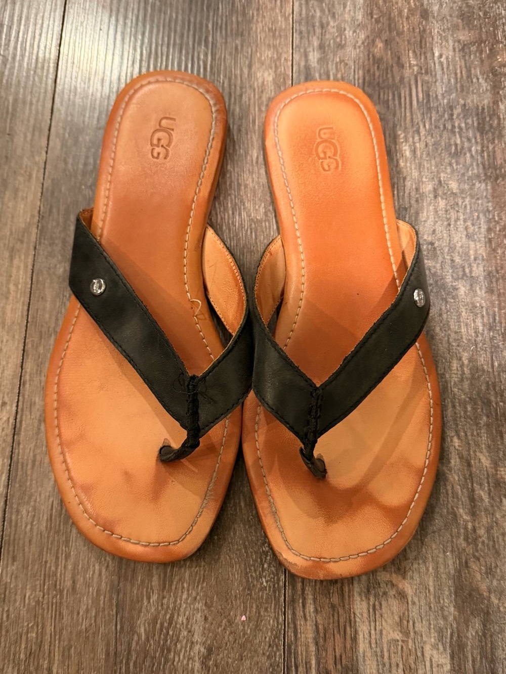 UGG Black Leather Thong Sandals with Brown Footbed